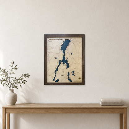 Damariscotta Lake wood map — single layer, staged room mockup