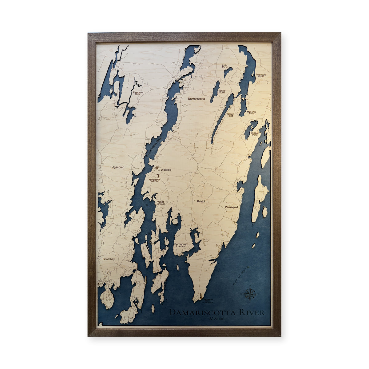 Damariscotta River wood map — single layer, white background