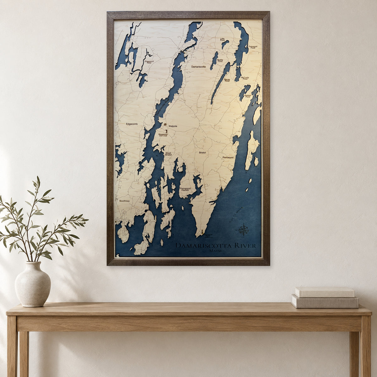 Damariscotta River wood map — single layer, staged room mockup