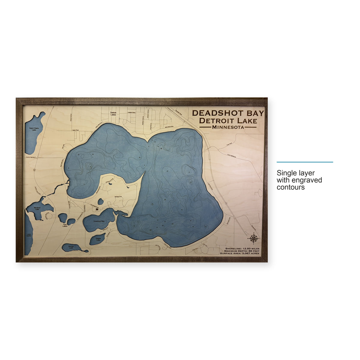 Deadshot Bay wood map — single layer with engraved contours, layer option shown