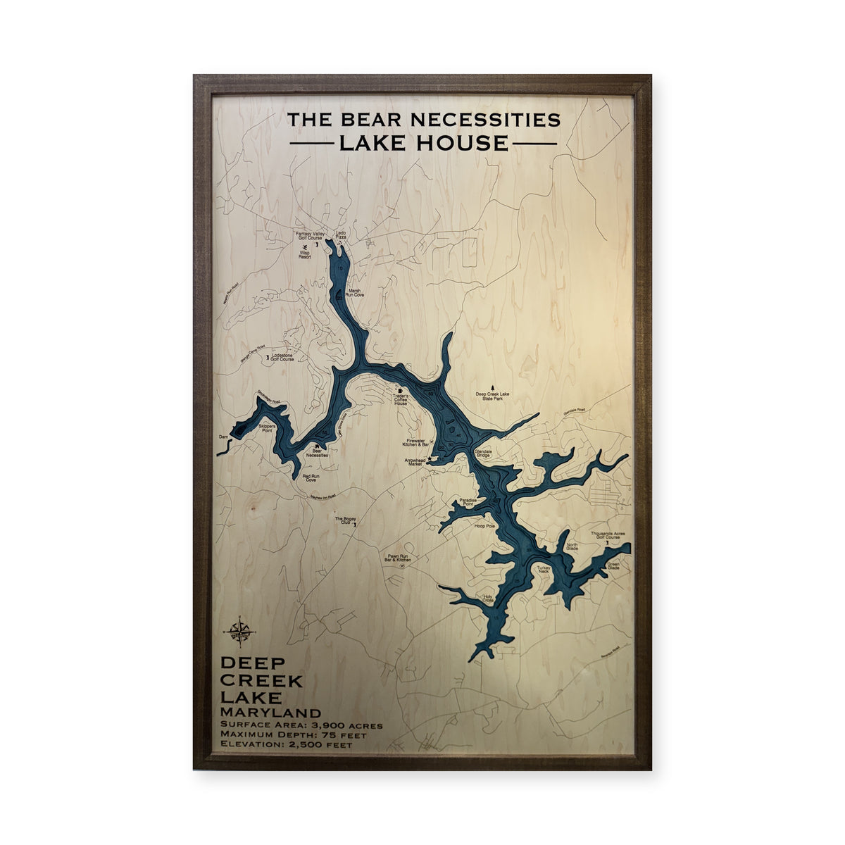 Deep Creek Lake Wood Map — multilayer example, on a white background