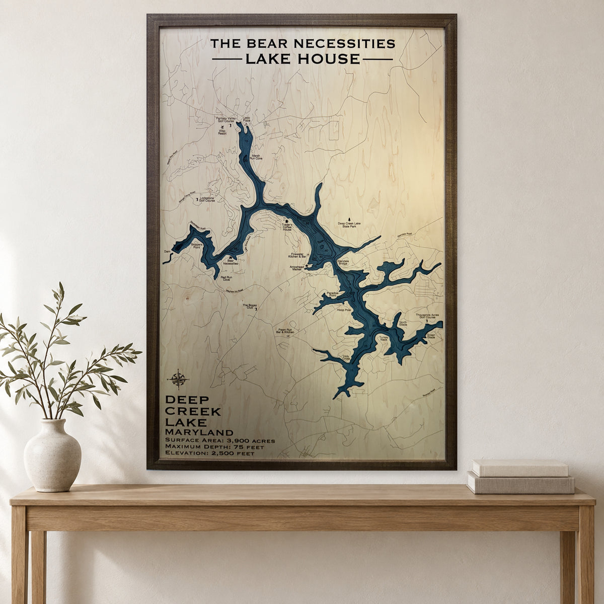 Deep Creek Lake Wood Map — multilayer example, staged room mockup