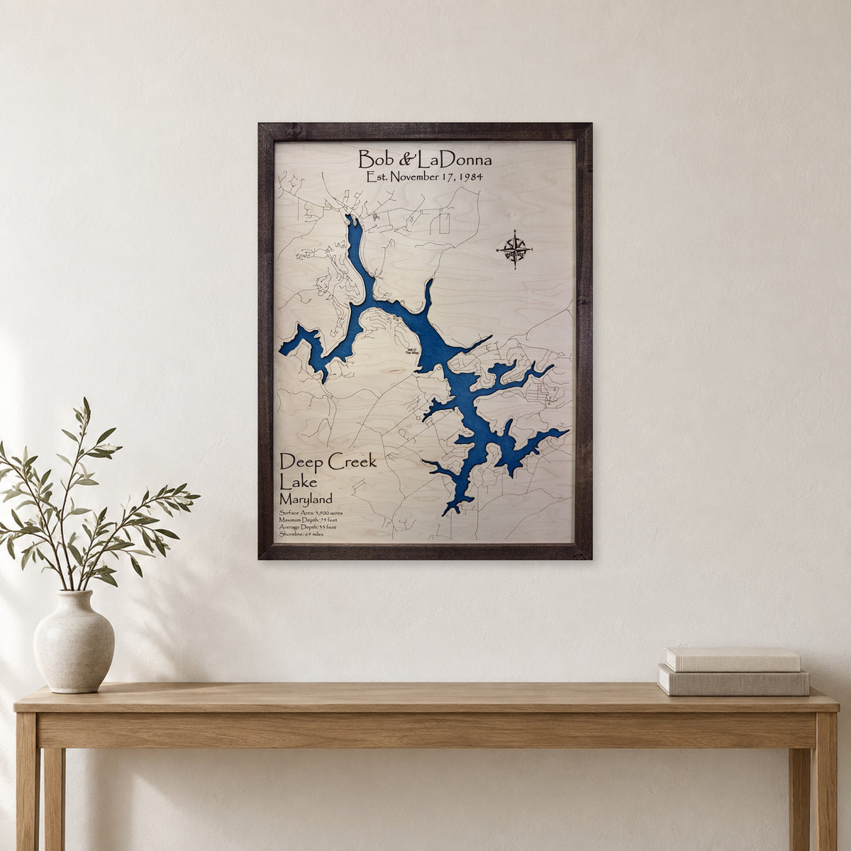 Deep Creek Bob Ladonna wood map — single layer, staged room mockup