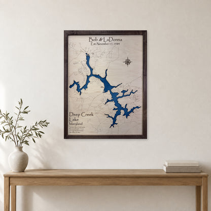 Deep Creek Bob Ladonna wood map — single layer, staged room mockup