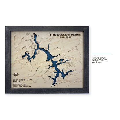 Deep Creek Eagles Perch wood map — single layer with engraved contours, layer option shown