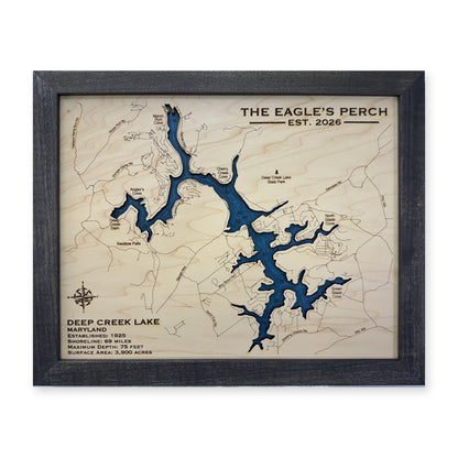 Deep Creek Eagles Perch wood map — single layer with engraved contours, white background