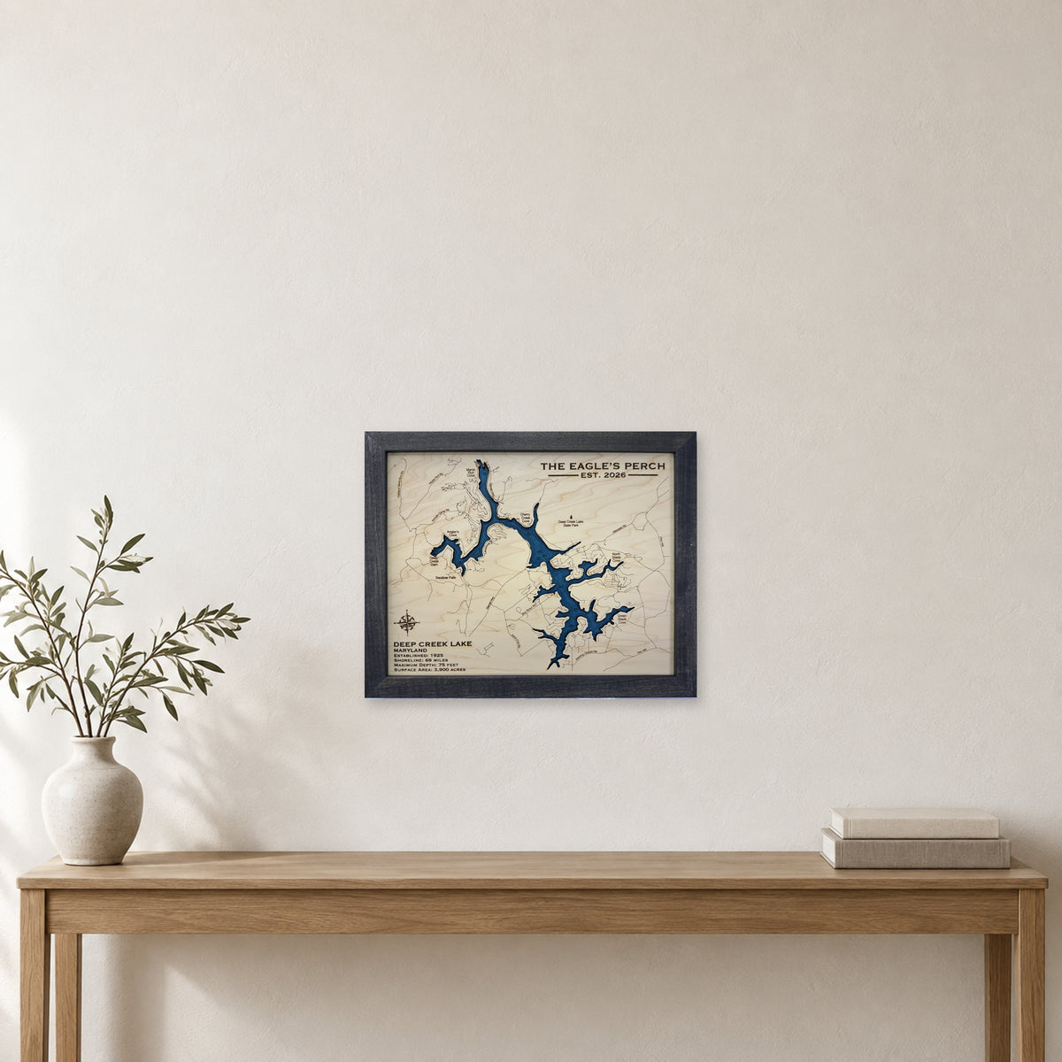 Deep Creek Eagles Perch wood map — single layer with engraved contours, staged room mockup