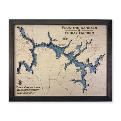 Deep Creek Floating Sandals wood map — multilayer, white background