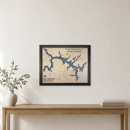 Deep Creek Floating Sandals wood map — multilayer, staged room mockup