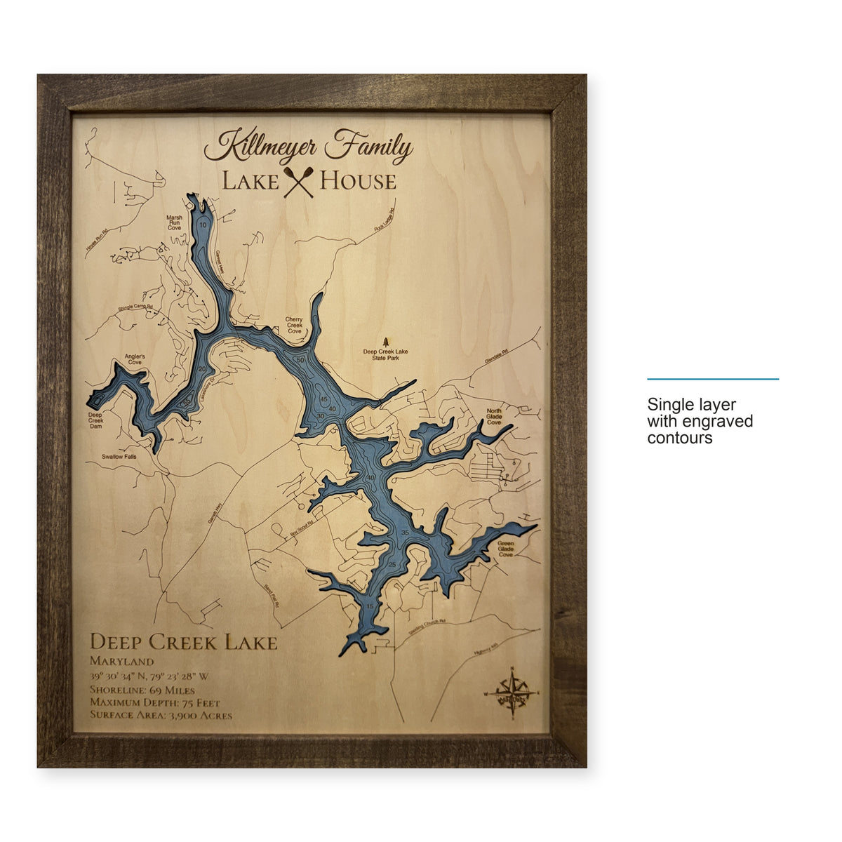 Deep Creek Killmeyer wood map — single layer with engraved contours, layer option shown