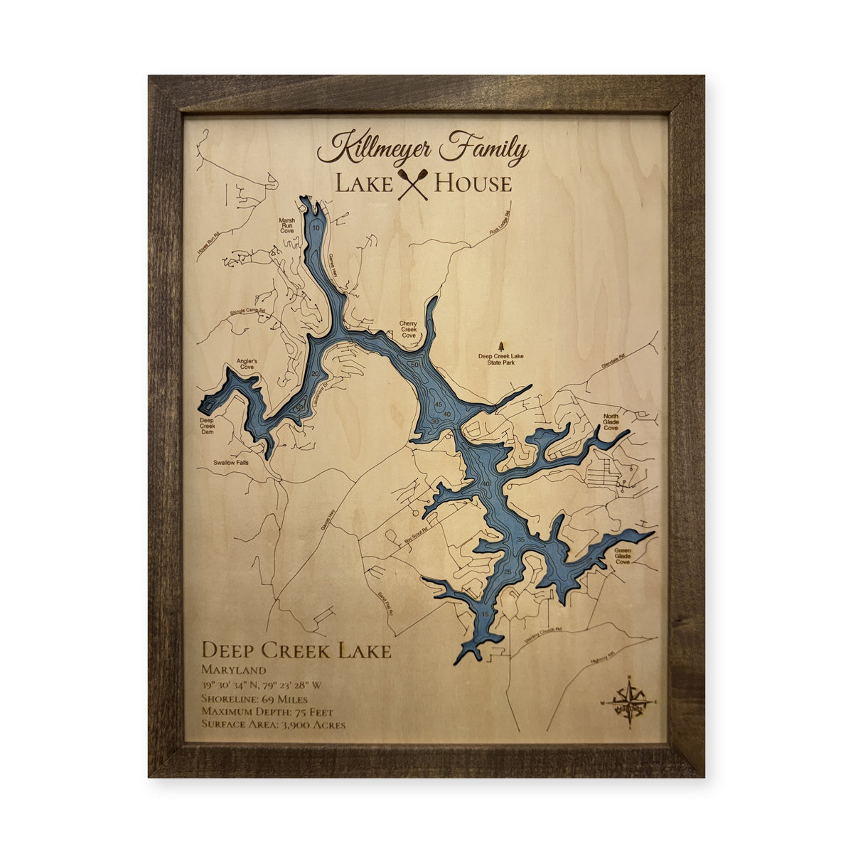 Deep Creek Killmeyer wood map — single layer with engraved contours, white background