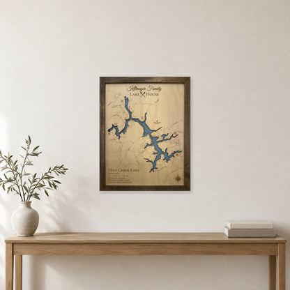 Deep Creek Killmeyer wood map — single layer with engraved contours, staged room mockup