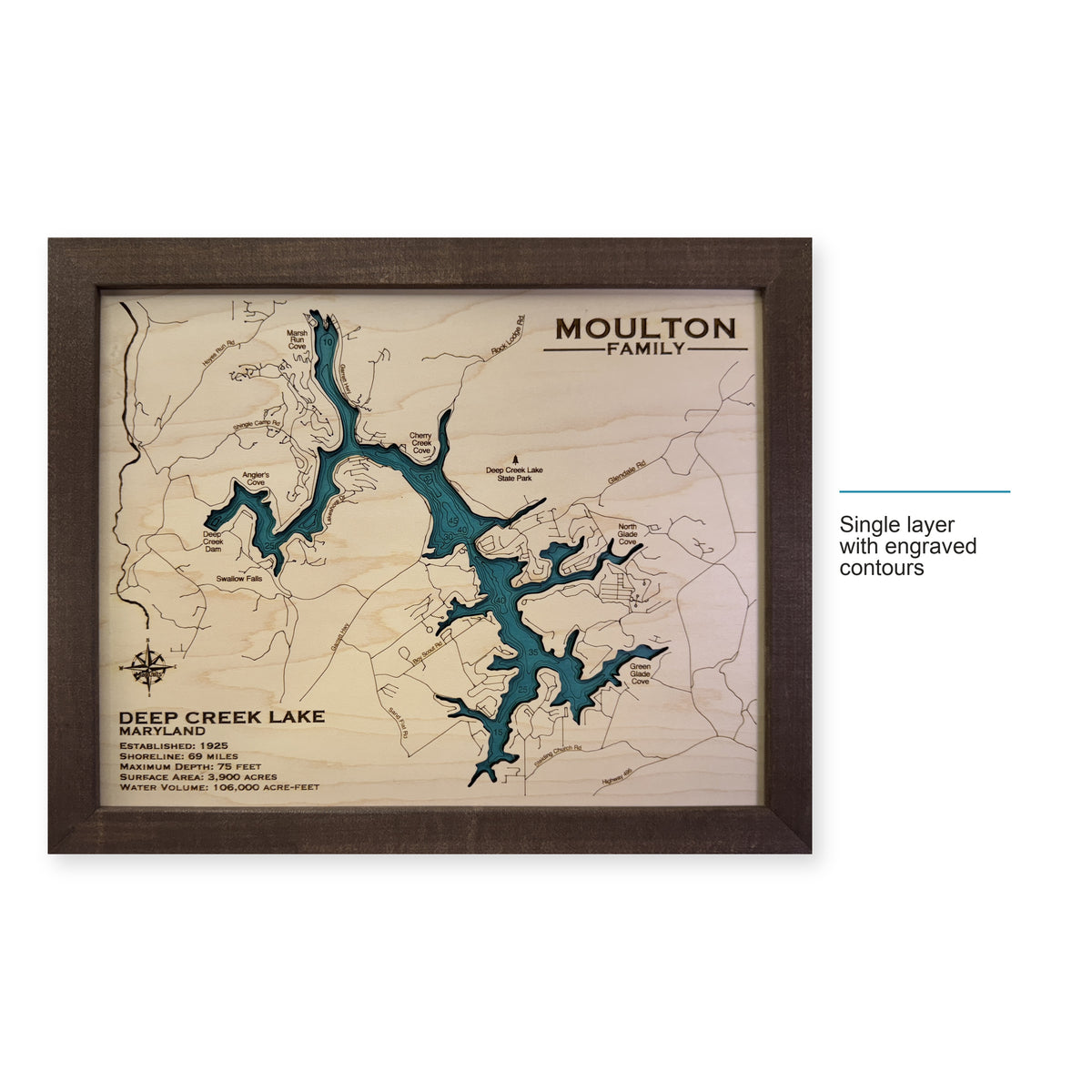 Deep Creek Lake wood map — single layer with engraved contours, layer option shown