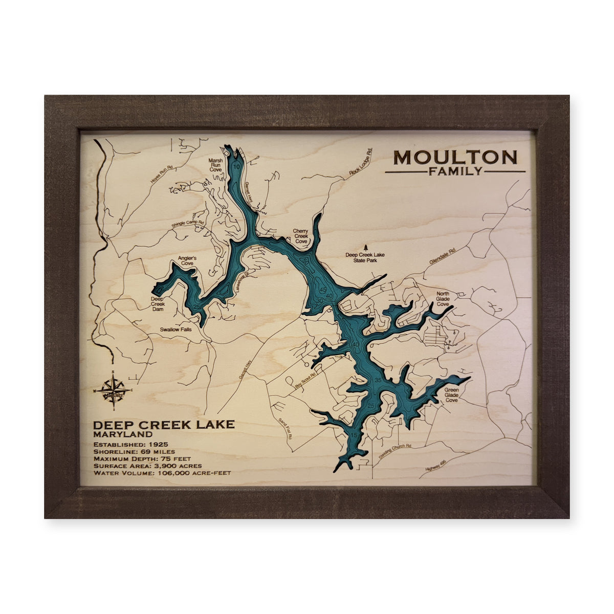 Deep Creek Lake wood map — single layer with engraved contours, white background
