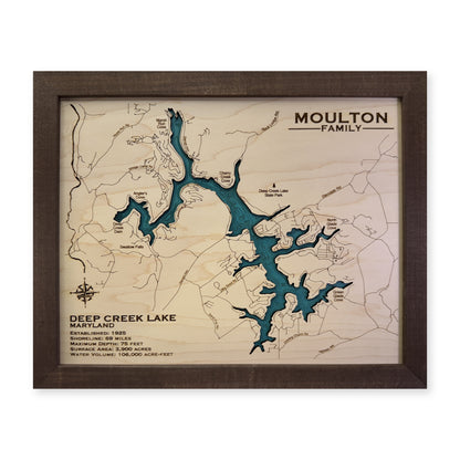 Deep Creek Lake wood map — single layer with engraved contours, white background