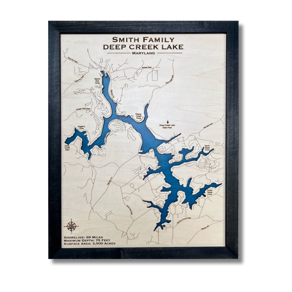 Framed map of Deep Creek Lake with blue water and black frame