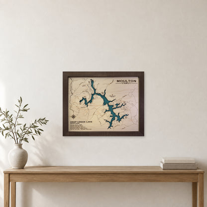Deep Creek Lake wood map — single layer with engraved contours, staged room mockup