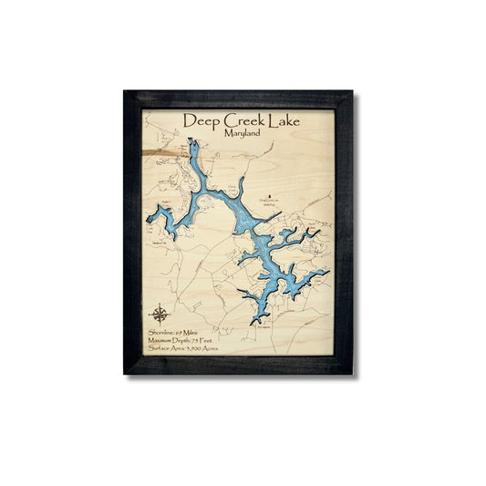 Framed map of Deep Creek Lake, Maryland on a white background