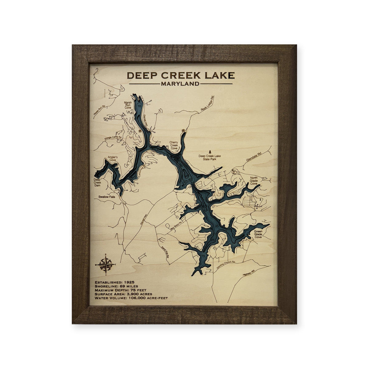 Deep Creek Maryland wood map — multilayer, white background