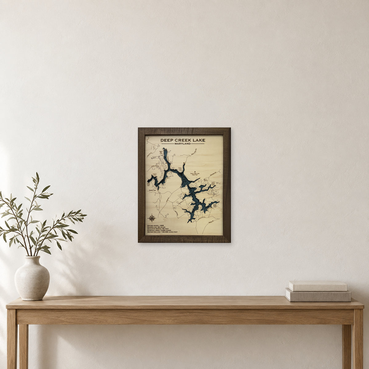 Deep Creek Maryland wood map — multilayer, staged room mockup