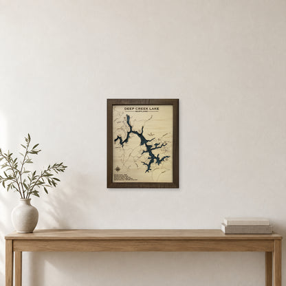 Deep Creek Maryland wood map — multilayer, staged room mockup