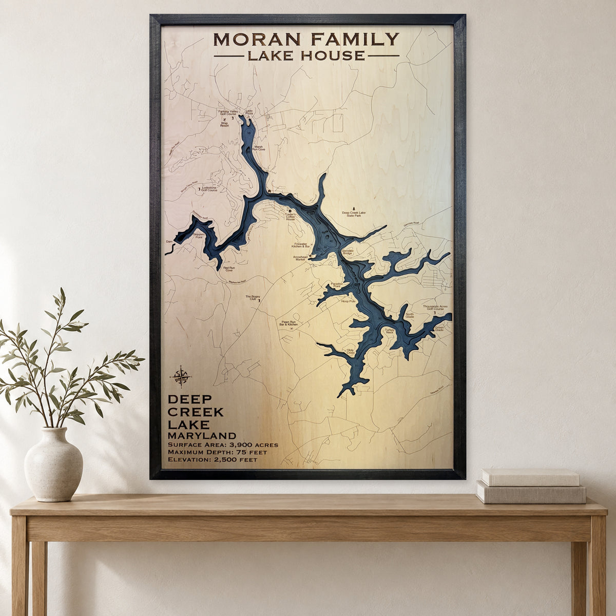 Deep Creek Moran wood map — multilayer, staged room mockup
