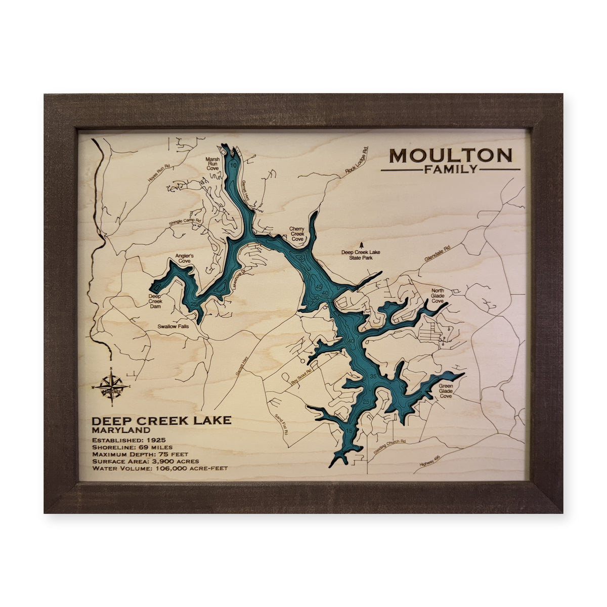 Deep Creek Moulton wood map — single layer with engraved contours, white background