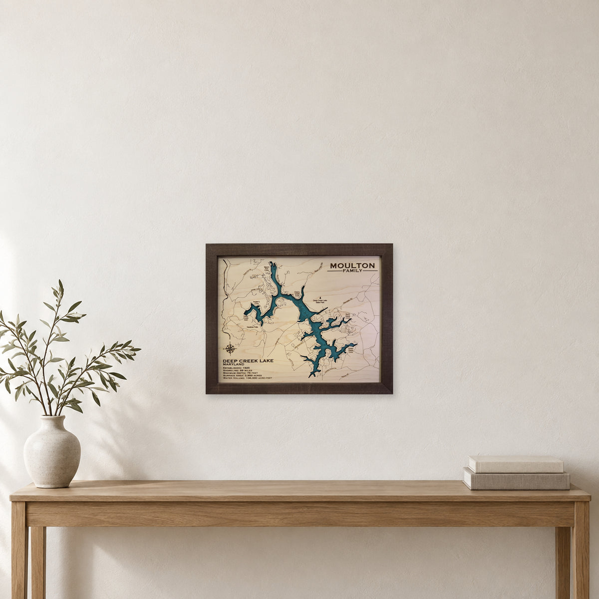 Deep Creek Moulton wood map — single layer with engraved contours, staged room mockup