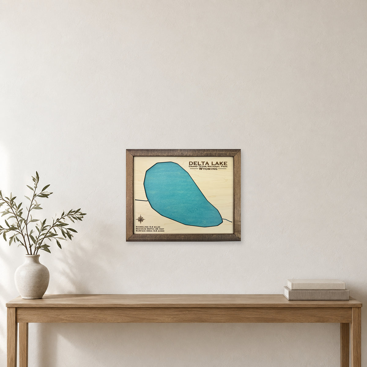 Delta Lake Wyoming wood map — single layer, staged room mockup