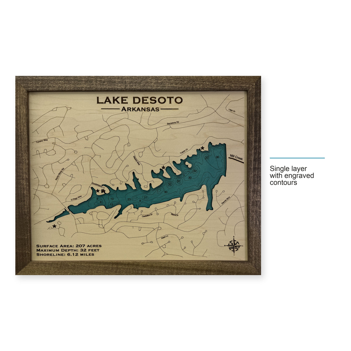 Desoto Engraved wood map — single layer with engraved contours, layer option shown
