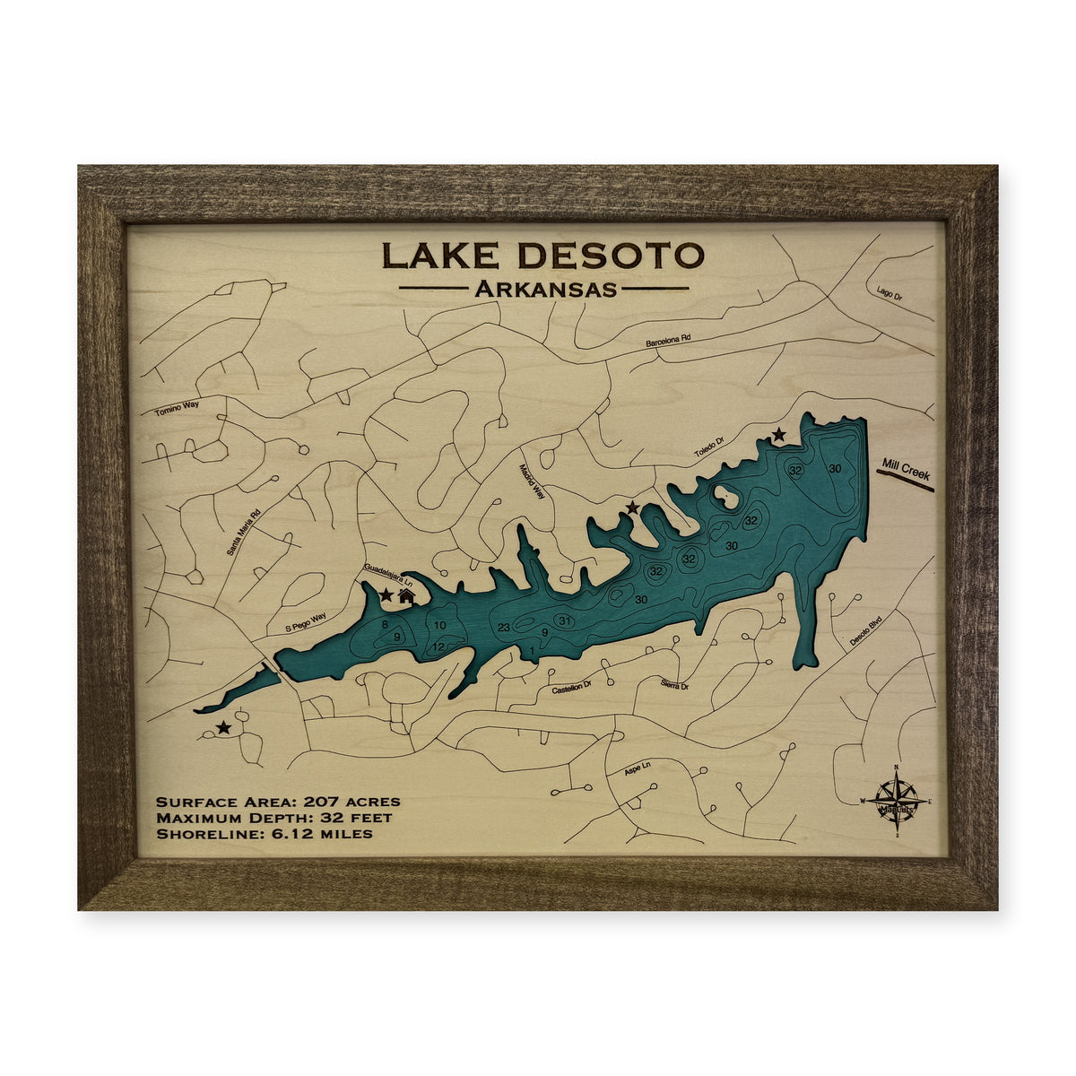 Desoto Engraved wood map — single layer with engraved contours, white background