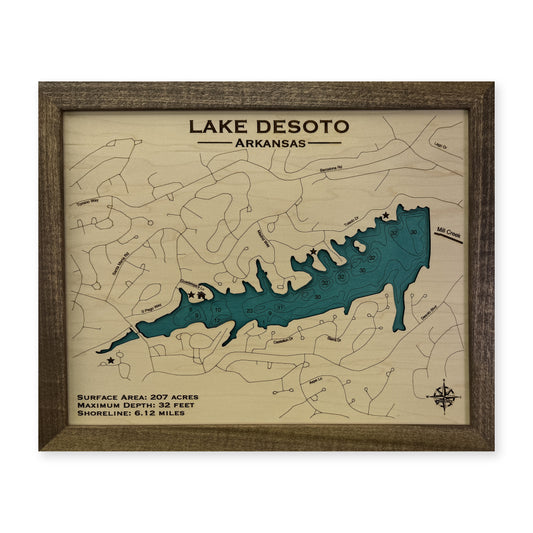 Desoto Engraved wood map — single layer with engraved contours, white background