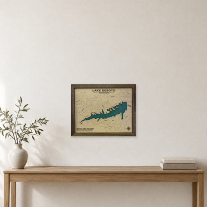 Desoto Engraved wood map — single layer with engraved contours, staged room mockup