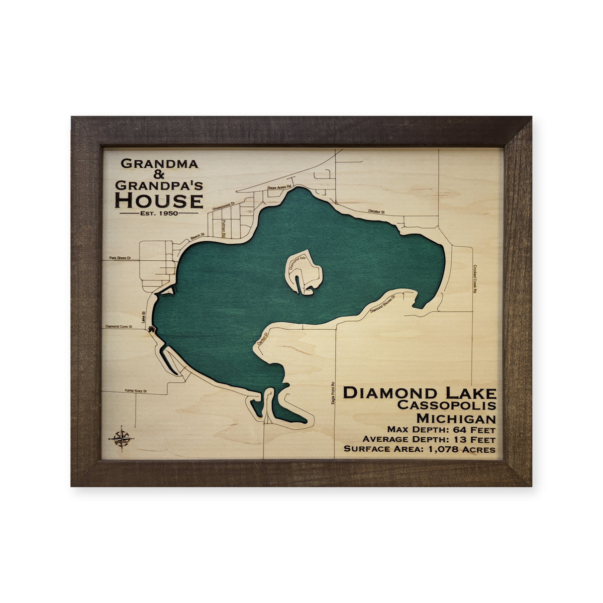 Diamond Lake Cassopolis wood map — single layer, white background