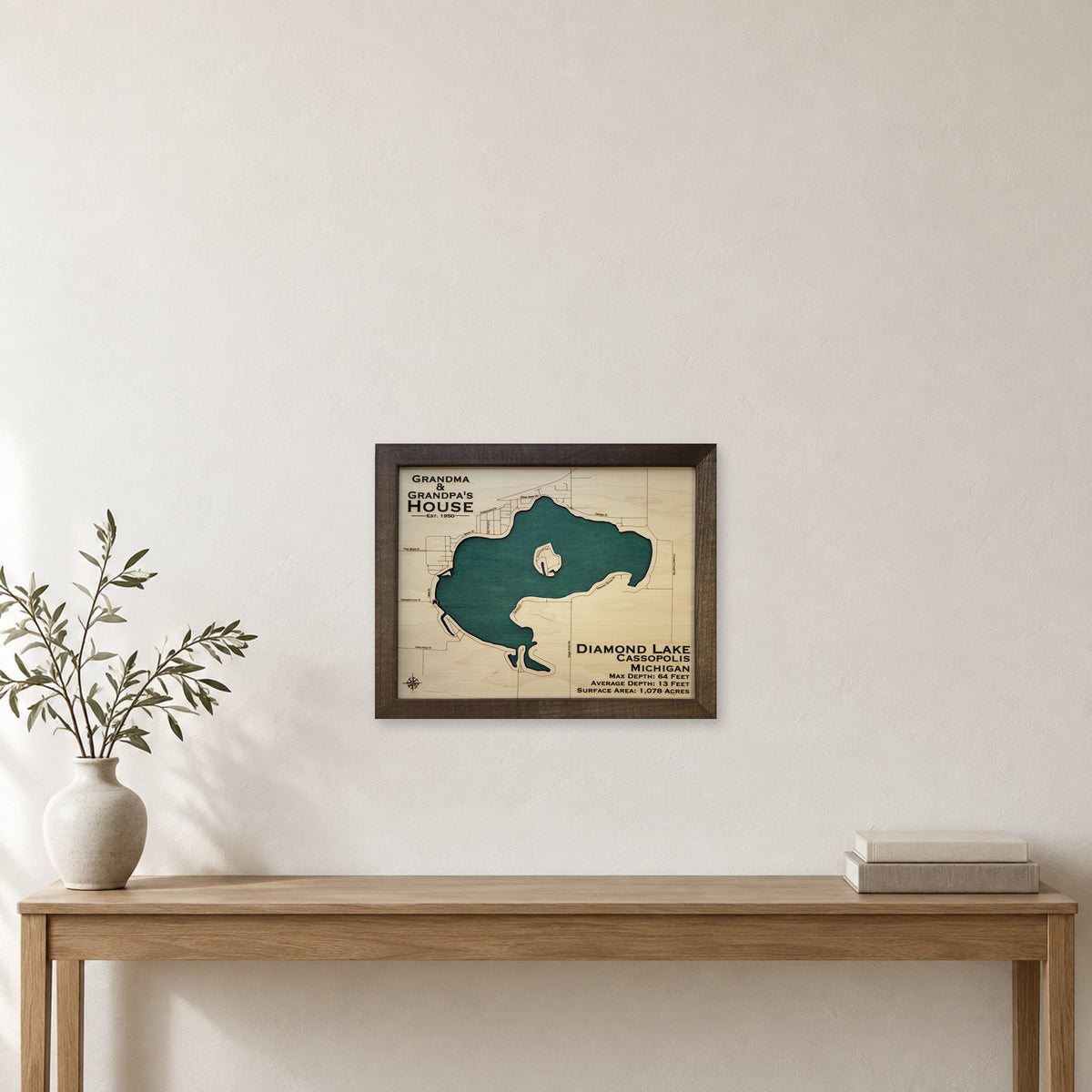 Diamond Lake Cassopolis wood map — single layer, staged room mockup