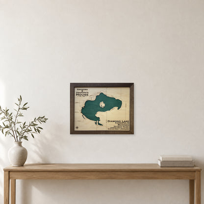 Diamond Lake Cassopolis wood map — single layer, staged room mockup