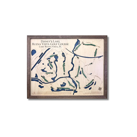 Wooden golf map of Disney's Lake Buena Vista Golf Club in Florida. 