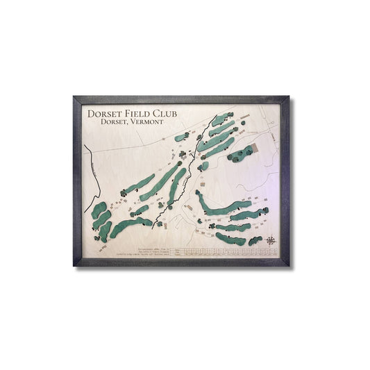 Framed wooden map of Dorset Field Club, Vermont on a white background.