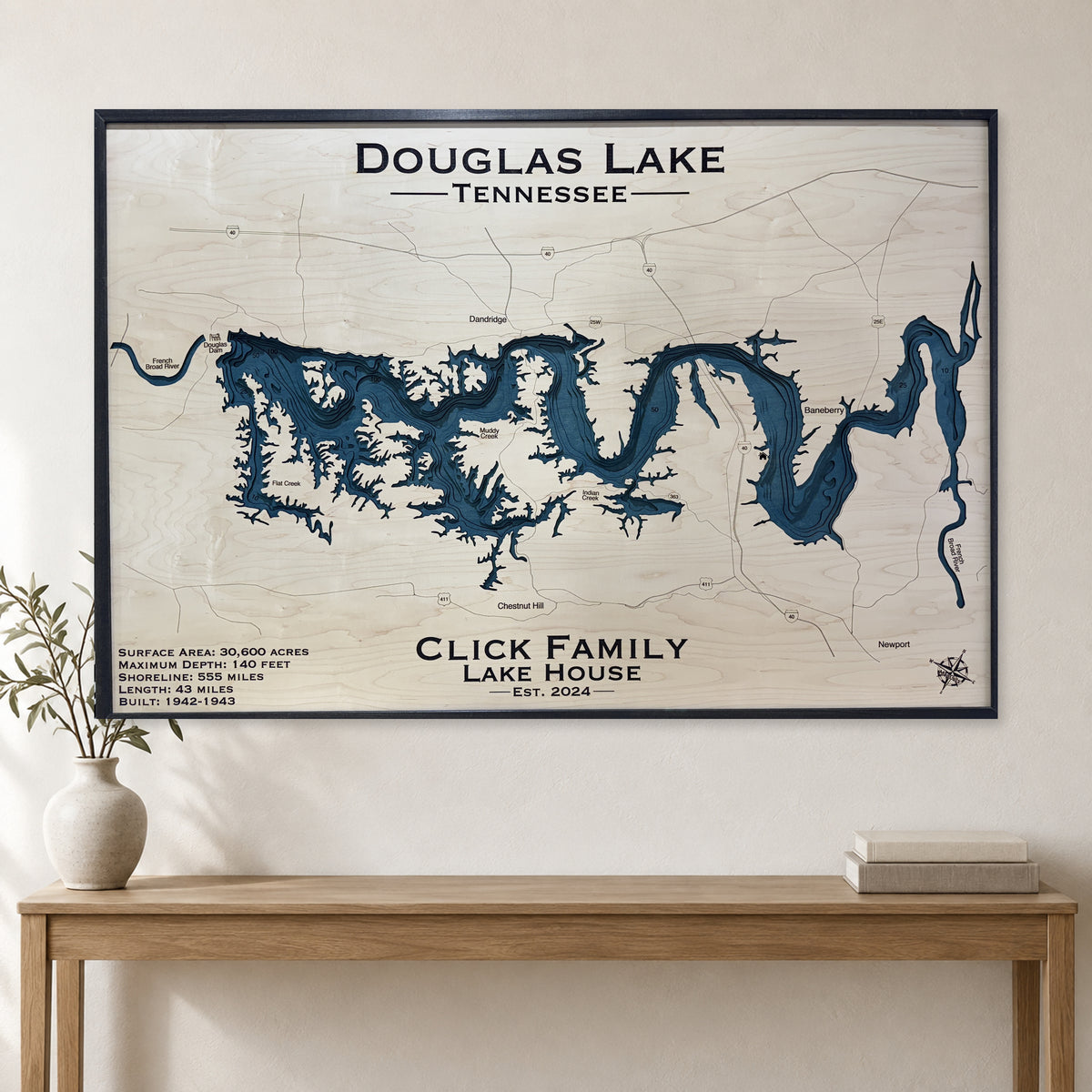 Douglas Click wood map — multilayer, staged room mockup