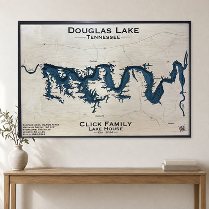 Douglas Click wood map — multilayer, staged room mockup