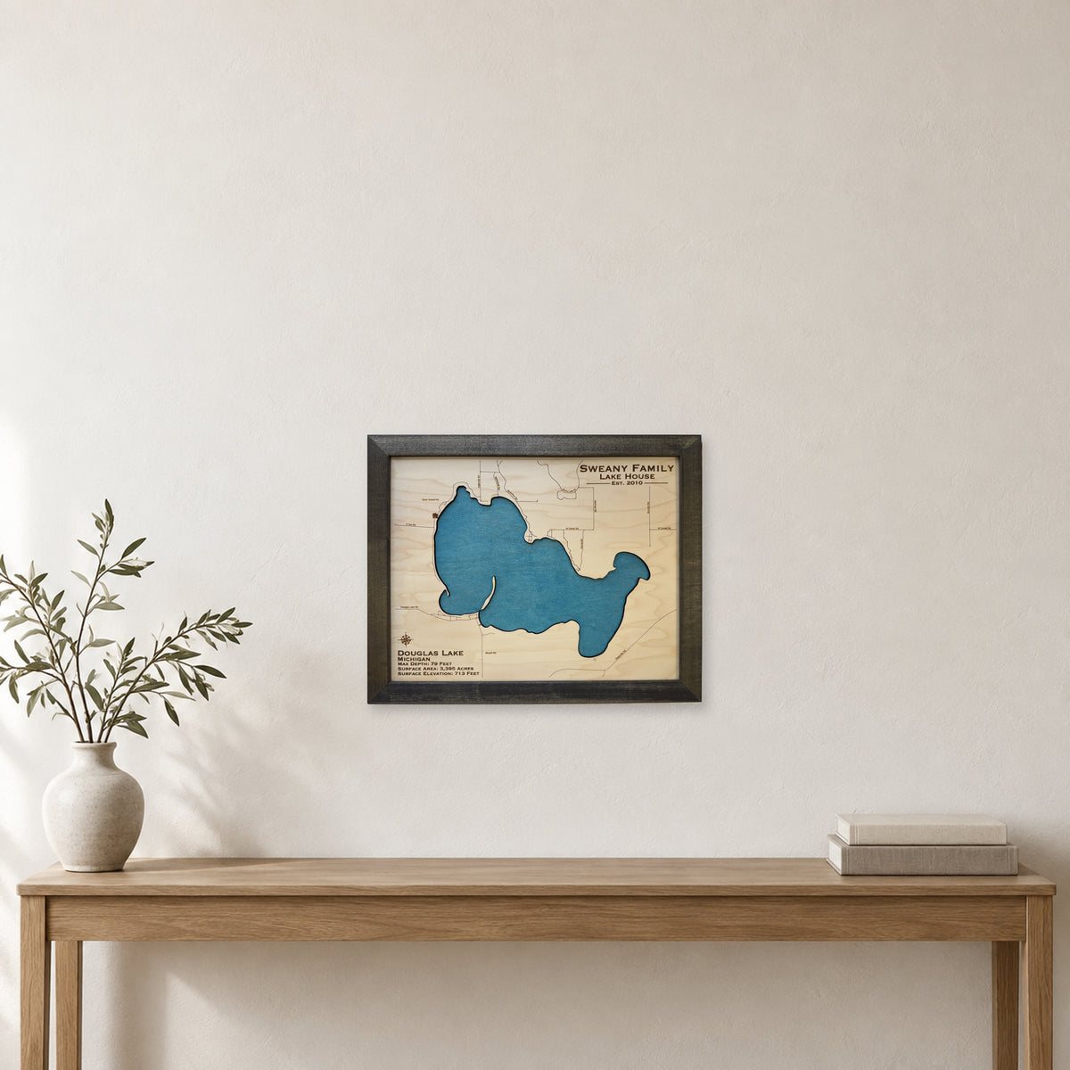 Douglas Lake Sweany wood map — single layer, staged room mockup
