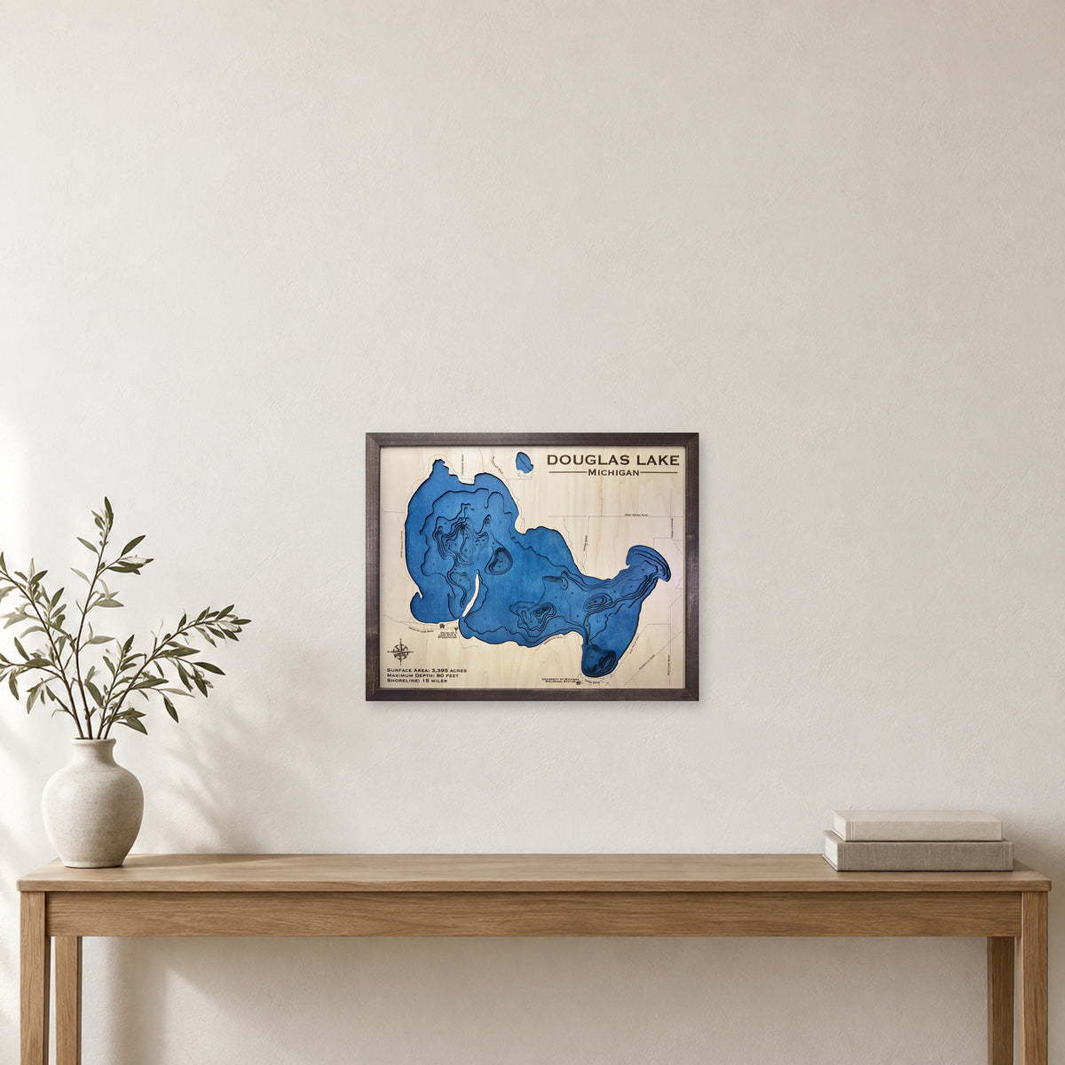 Douglas Michigan Walnut wood map — multilayer, staged room mockup