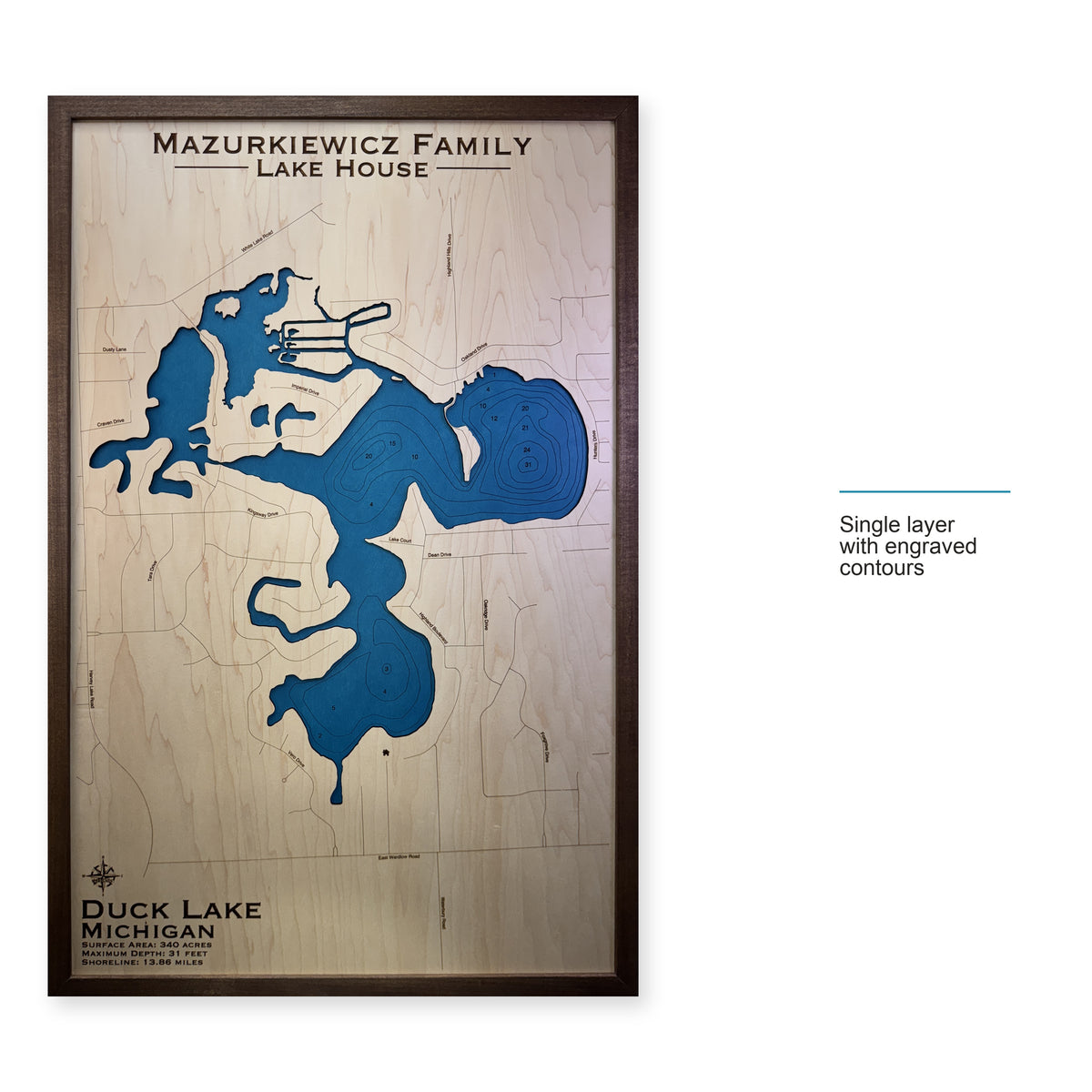 Duck Mazurkiewicz wood map — single layer with engraved contours, layer option shown