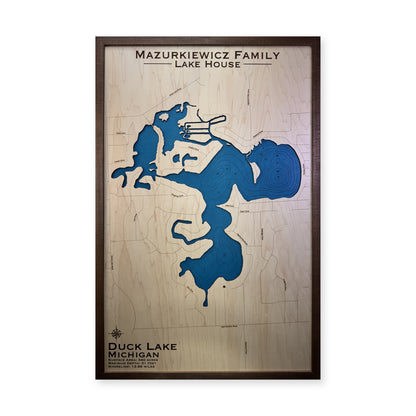 Duck Mazurkiewicz wood map — single layer with engraved contours, white background