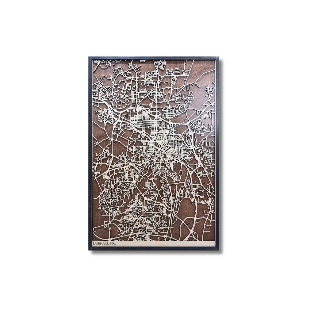 3D wooden city map of Durham, NC on a white background. 