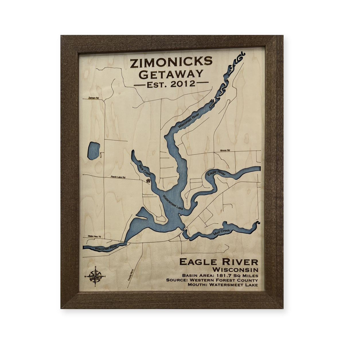 Eagle River Zimonick wood map — single layer, white background