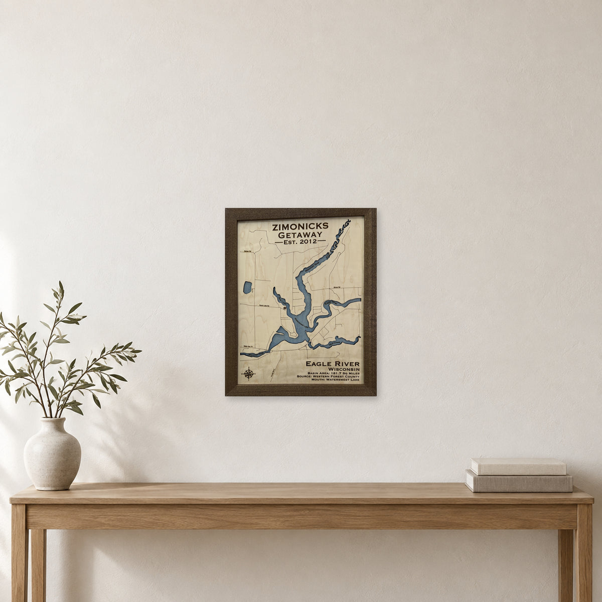 Eagle River Zimonick wood map — single layer, staged room mockup