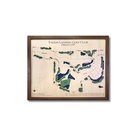 Framed wooden golf map of Eagles Landing Golf Club, Oregon, OH on a white background.