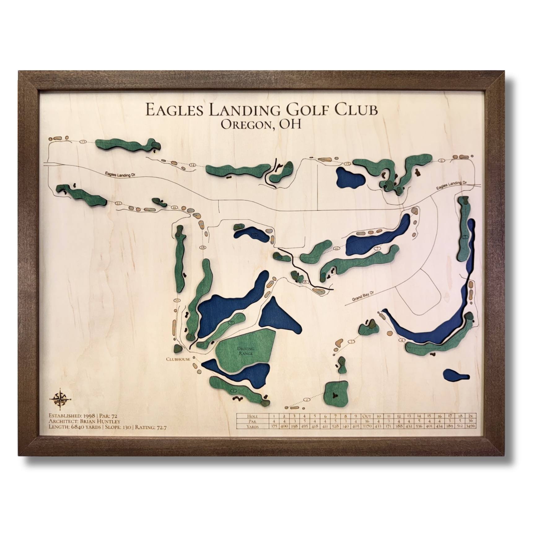 Wooden 3D golf map of Eagles Landing Golf Club in Oregon, OH with a walnut brown frame.