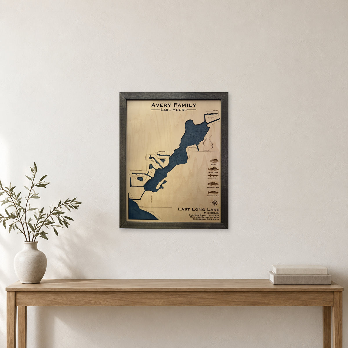 East Long Avery wood map — single layer with engraved contours, staged room mockup